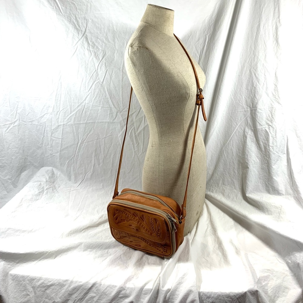Vintage natural leather hand tooled shoulder bag front flap crossbody  patina